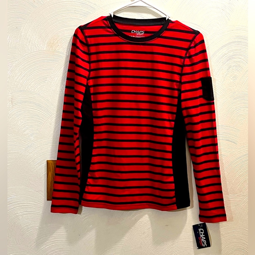 NWT Chaps Sport Women’s Red & Navy Striped Top. Size Small. Pocket on sleeve.